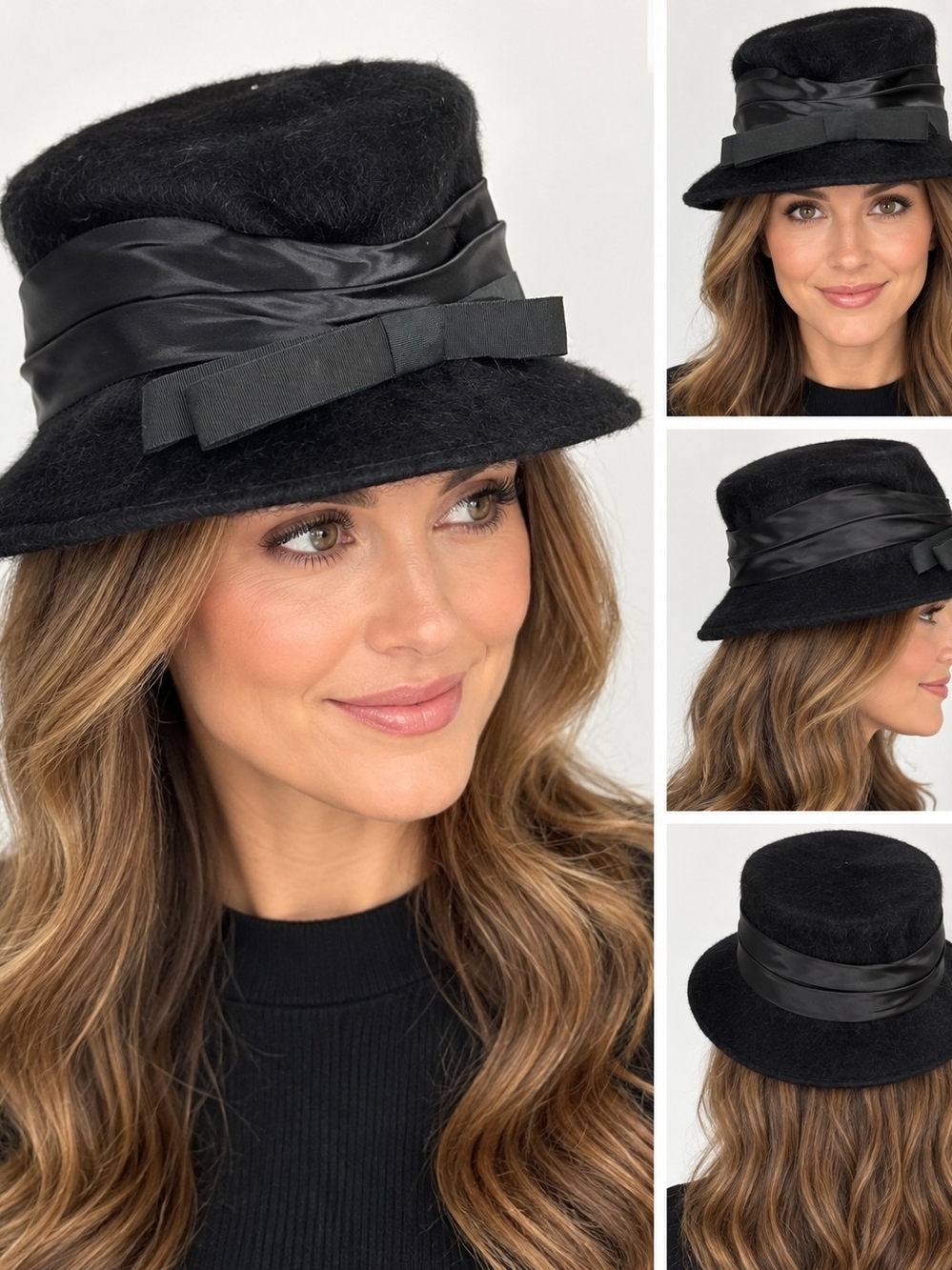 Vintage 1950s 60s Black Fur Felt Women's Hat Satin Grosgrain Bow Union Made USA